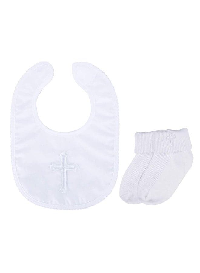 Infant Baby Boys' Girls' Christening Baptism Embroidered Cross Bib and Socks for Outfits