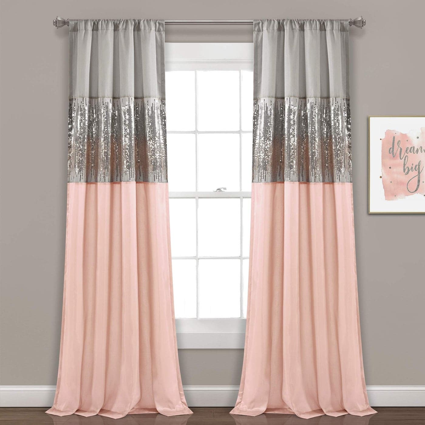 Lush Decor Night Sky Window Curtain Panel Single 42 W x 84 L Gray Blush Sequin Curtains Sparkle Color Block Design Modern Glam Decor Long Curtains For Bedroom Living Room