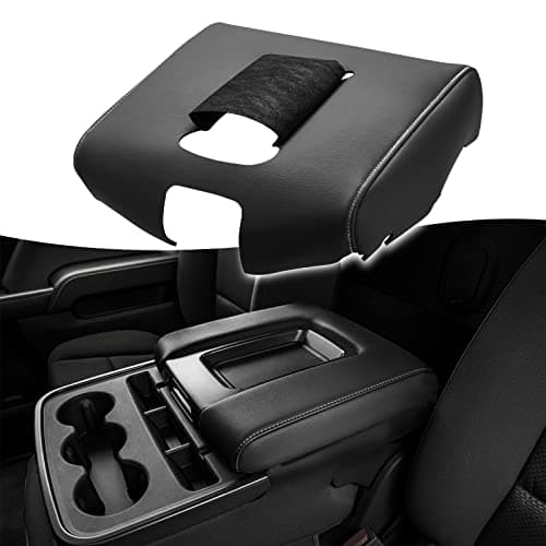 KBH Auto Center Console Armrest Cover Replacement for Chevrolet Silverado & GMC Sierra 1500 2500 3500 2014-2018, Vinyl Leather Middle Console Covering, Split Bench Jump Seat (Black-Gray Stitch)