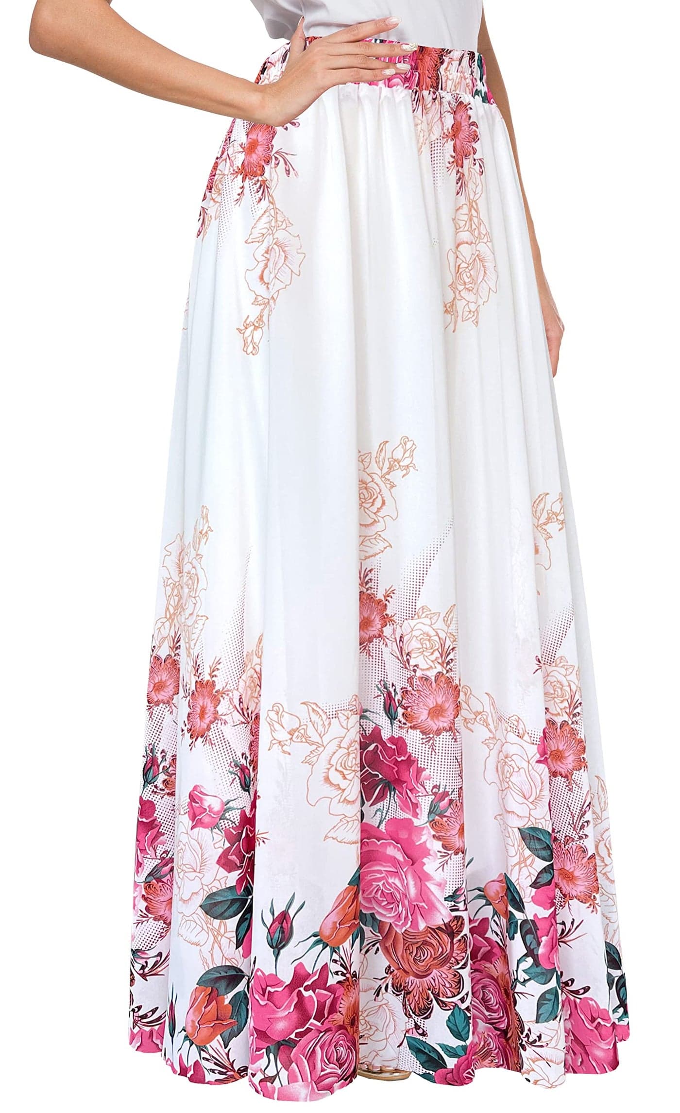 Afibi Women Floral Print Pleated Vintage Chiffon Long Maxi Skirt Small White Red