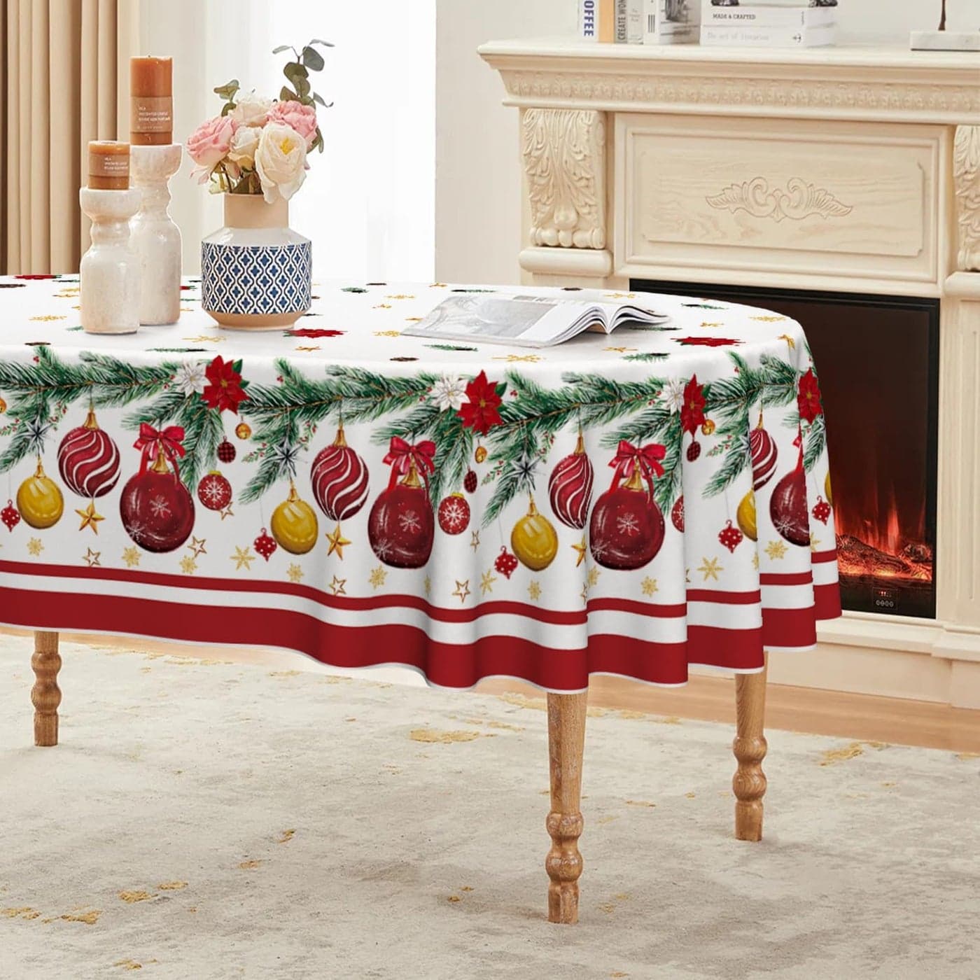 Horaldaily Christmas Tablecloth 6084 Inch Oval Christmas Ball Ornaments Pine Stars Washable Table Cover for Party Picnic Dinner Decor