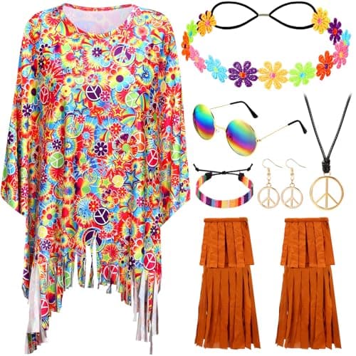 Hicarer 7Pcs 60s 70s Hippie Costume Accessories Set Tie Dye Poncho Tassel Boot Covers Sunglasses Outfits for Cosplay Party ColorfulBright