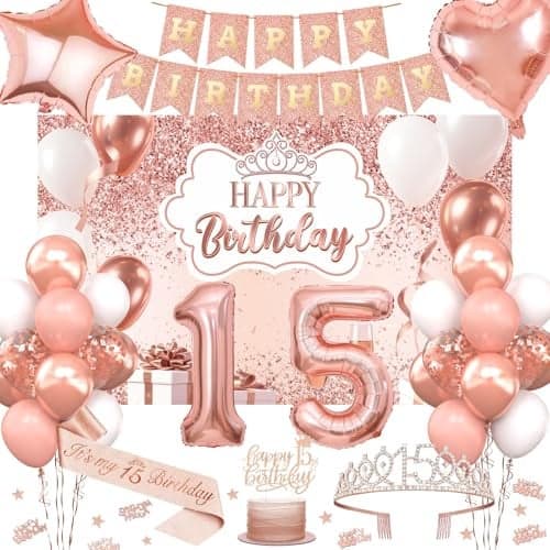 15th Birthday Decorations for Girls 52pcs Sweet Rose Gold Happy 15 Birthday Decorations Including 15th Rose Gold Crown Sash Banner Background for 15 Party Decorations Set