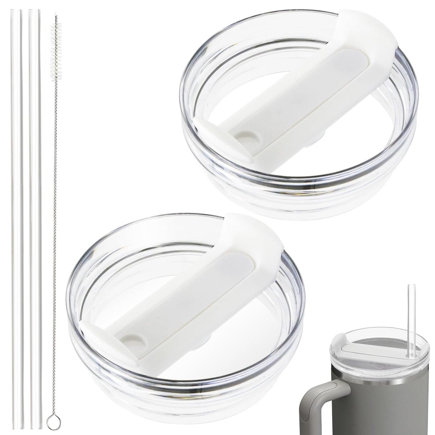 40oz Tumbler Lid Compatible for Stanley 2 Pack Replacement Tumbler Lids Fit for Stanley Quencher 20 Tumbler 40 OZ with Straws and Cleaning Brush Clear White