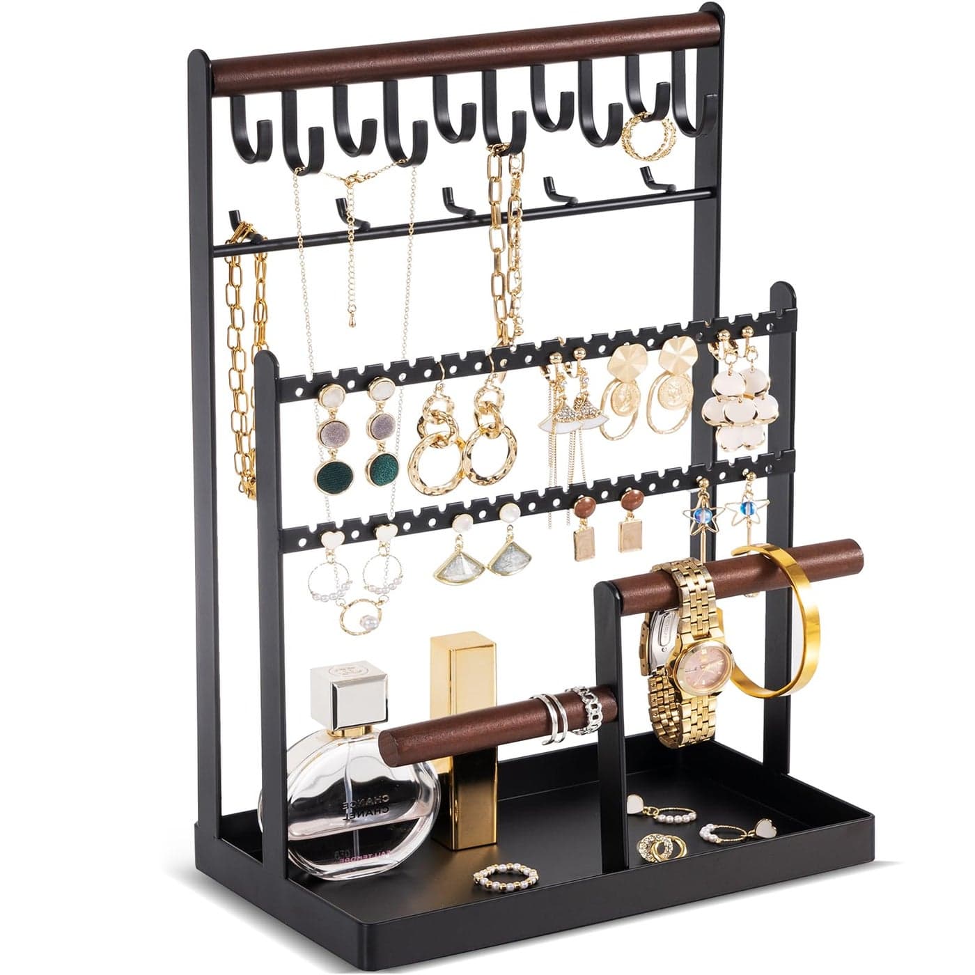 ProCase Jewelry Organizer Stand Necklace Organizer Earring Holder 6 Tier Jewelry Stand Necklace Holder with 15 Hooks Jewelry Tower Display Rack Storage Tree for Bracelets Earrings Rings Black