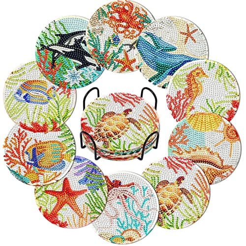 Billbotk Diamond Painting Coasters Kit 10 Pieces Ocean Diamond Art Coasters with Holder DIY Diamond Arts and Crafts for Adults