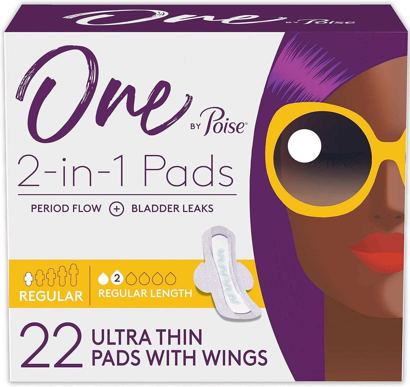 One by Poise Feminine Pads with Wings (2-in-1 Period & Bladder Leakage Pads for Women), Regular, Regular Absorbency for Period Flow, Very Light Absorbency for Bladder Leaks, 22 Count