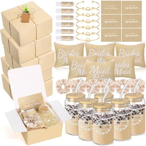 FillTouch 54 Pcs Bridesmaid Proposal Gifts Will You Be My Bridesmaid Maid of Honor Bride Gifts Include Gift Box Makeup Bag Invited Card Glass Cup Lip Balm Scrunchie Knotted BraceletBeige