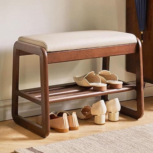 Md Decor Mid-Century Elegant Wooden Shoe Bench with Padded Seat – 2-Tier Shoe Rack for Entryway, Living Room, or Bedroom – Durable and Stylish Storage Solution (21.65)