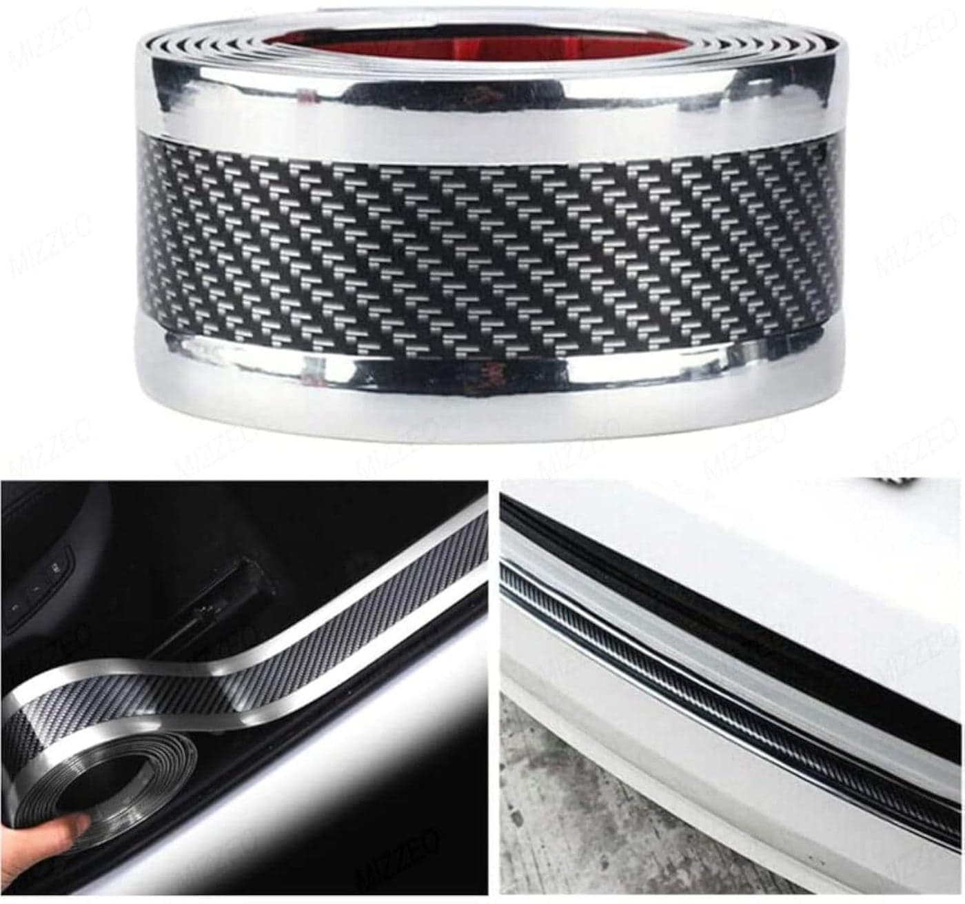 MIZZEO Car Sticker Carbon Fibre Rubber Door Entry Guards Scratch Cover Protector (Carbon Black with Silver, 5CM x 2.5M) Compatible with Hyundai i20 (Type-II) 2012-2014