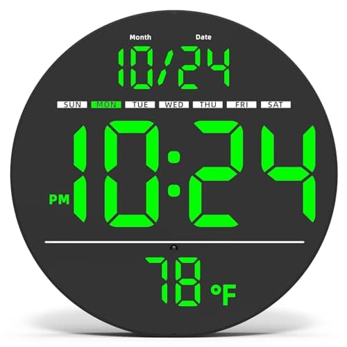 Digital Wall Clock with Large LED Display Date Temperature AutoBrightness Small PLUGIN Clock Modern Electric Wall Clock for Bedroom Classroom Living Room Home Office Farmhouse Green