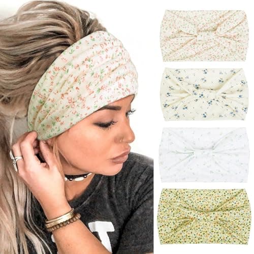 4 Packs Wide Headbands for Women Knotted Non Slip Fashion Cute Floral Printed Head Bands for Women’s Hair Large African Bandana Boho Hairbands Yoga Running Sports Workout Thick Turban Hair Accessories
