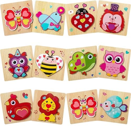 Capoda 12 Pack Valentines Animal Wooden Puzzles Wood Animal Jigsaw for Toddlers Montessori Preschool Learning Games Educational Toys for Boys Girls Classroom Exchange Gifts Party Favors