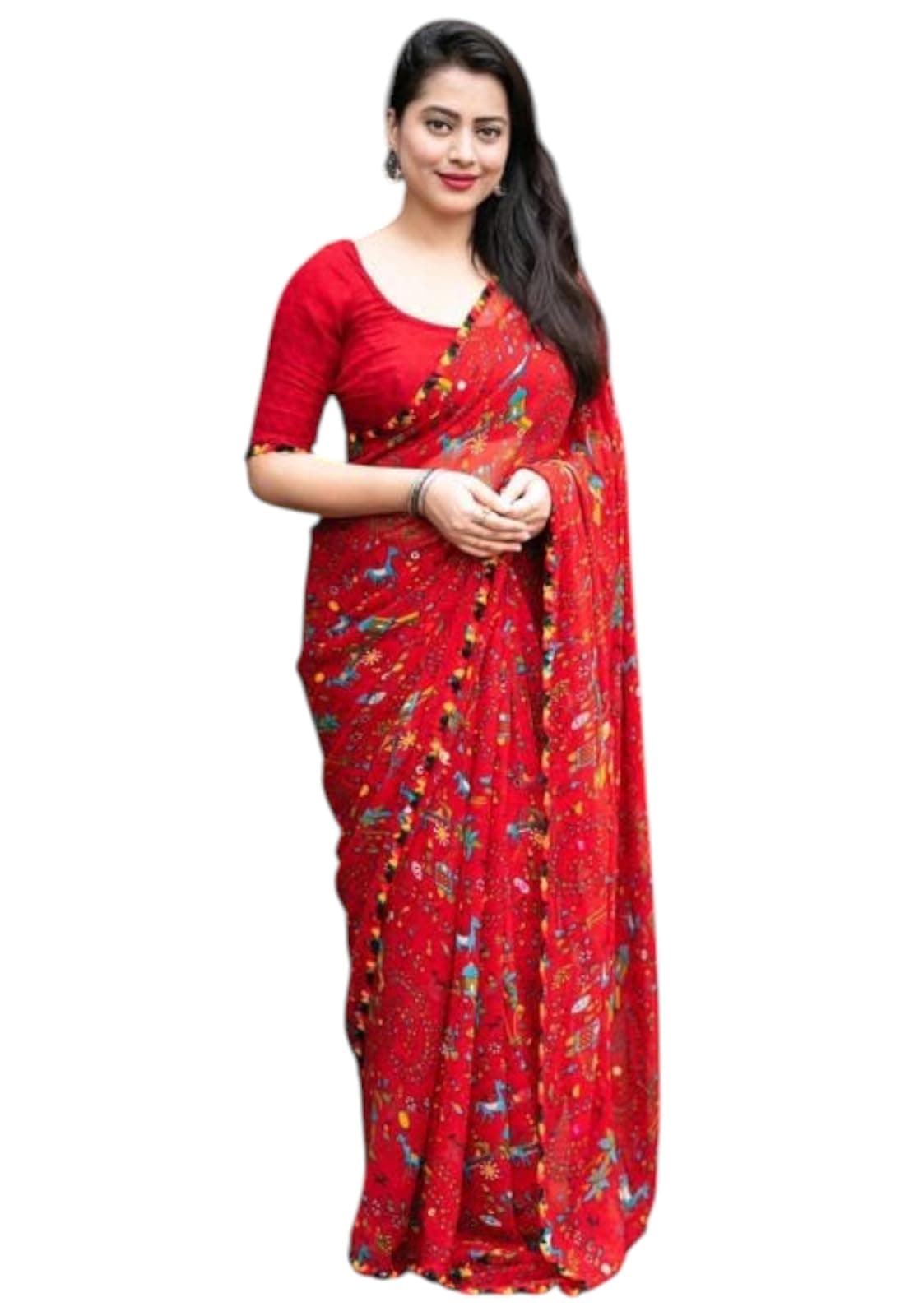 Yashika Women's Georgette Tribal Art Printed Saree | Red Color Saree | Women Sari | Saree_(AZ-YS-OG1-MANDALA RED)