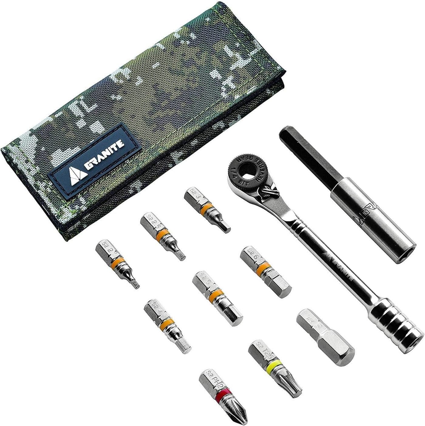 Granite Rocknroll Mini Ratchet Bike Tool Kit with 9 Tool Bits and Extension Rod - Green Camo