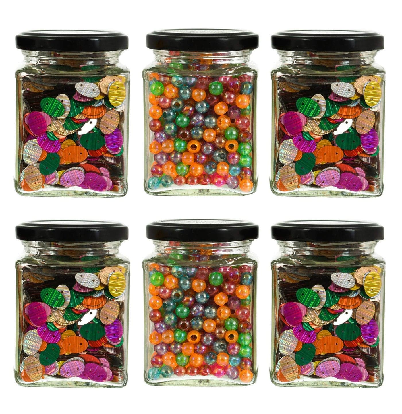 Machak Square Glass Jar 250 ml With Airtight Lid For Kitchen Storage, Black (6 Pieces)