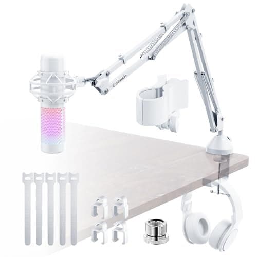 Premium White Microphone Boom Arm - Adjustable Mic Stand with Headphone Hook, 360° Rotation, Double Spring Suspension, Cable Management, for Streaming, Compatible with HyperX QuadCast, Blue Yeti