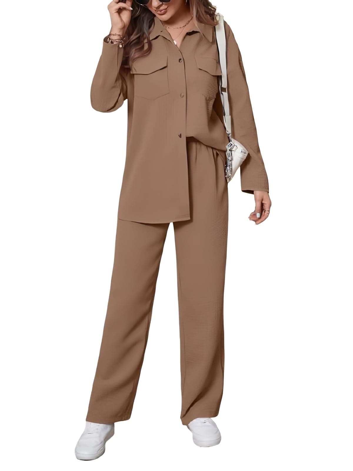 GRECIILOOKS Co-Ord Set for Women | Travel Co-Ord Set | Festive Co Ord Set for Women | Trendy Summer Casual Set | Women's Pajama Set Long Sleeve Button-Down Shirt and Pants | Western Co-Ord Set Brown