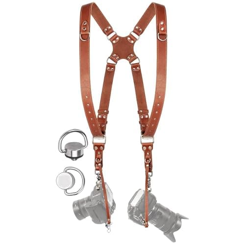 coku Dual Camera Leather Strap Adjustable DSLR/SLR Camera Belt Dual Shoulder Camera Harness Accessories for Two Cameras Multi Camera Gear for Photographers |Quick Release, Universal Fit (Tan)