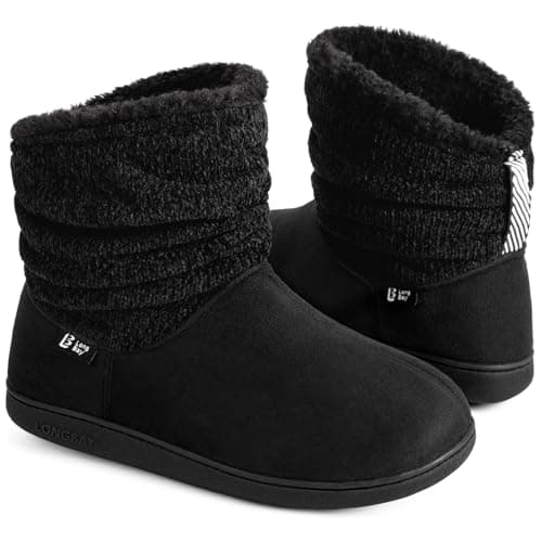 Longbay Women's Warm Chenille Knit Bootie Slippers Memory Foam Comfy Suede Fluffy Faux Fur Memory Foam Boots House Shoes (Large / 9-10, Black)