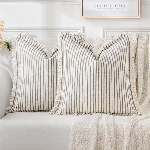 MIULEE Gray Pack of 2 Pillow Covers 18x18 Inch Striped Farmhouse Couch Throw Pillow Covers with Fringe Chic Linen Decorative Cushion Covers for Sofa Living Room Bed Outdoor Home Decor