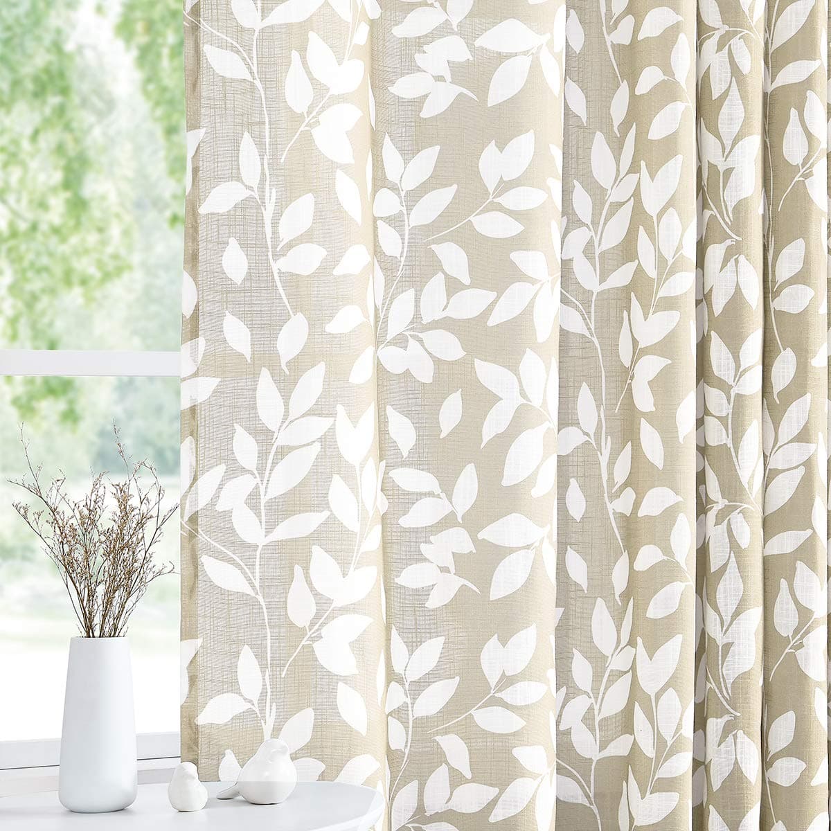 Treatmentex Print Semi Sheer Leaf Curtains for Living Room 52 x 54 White and Taupe Curtain Panels for Windows 2 Pack Taupe Grommet Top
