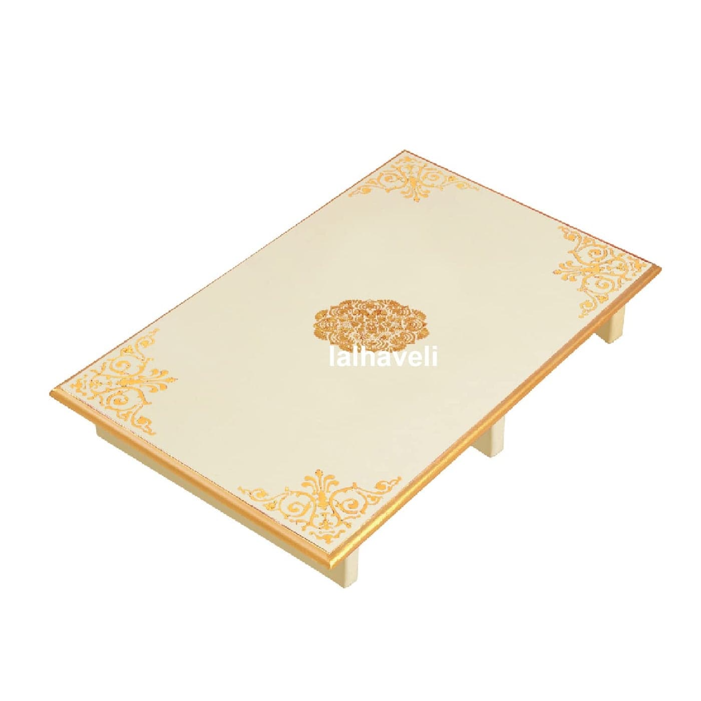 Lalhaveli Off White Wooden Chowkii for Pooja Room Décor Coffee Table Bedside Chair Pata Patla (24 X 15 X 4 Inch)