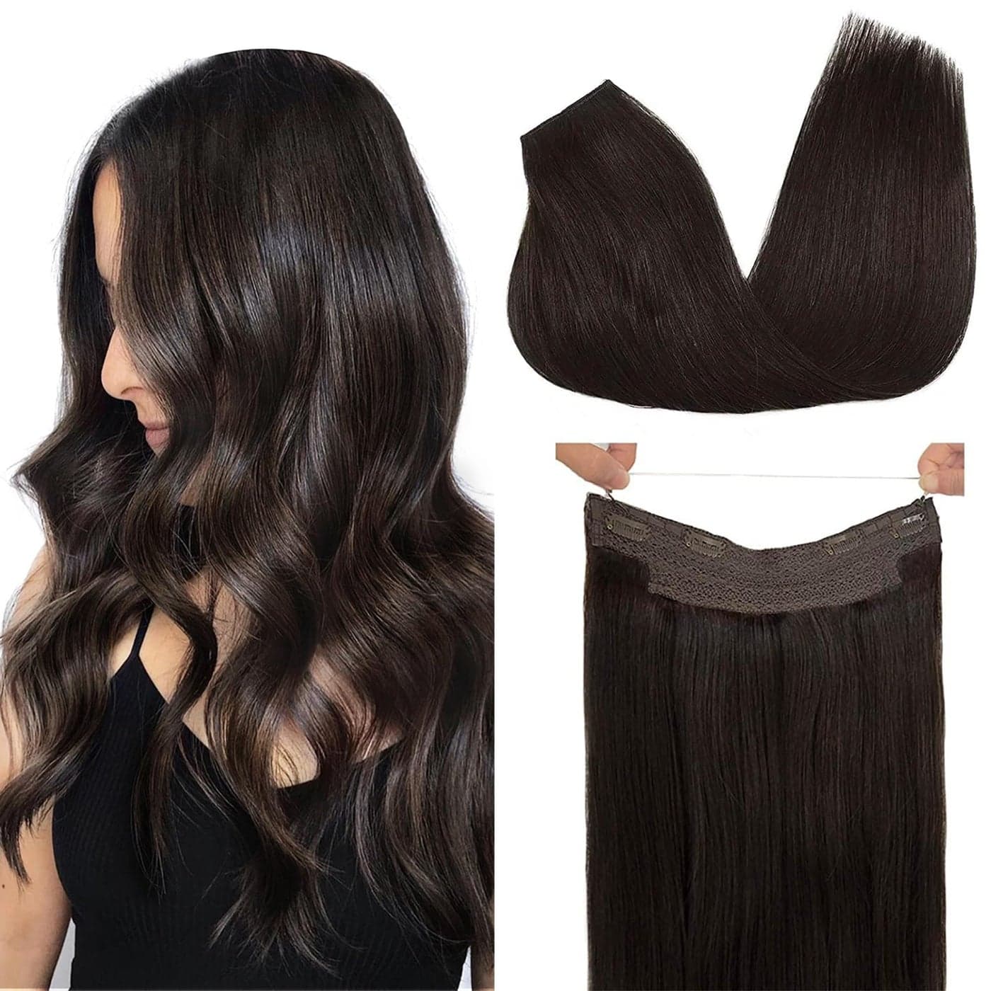 GOO GOO Wire Hair Extensions Human Hair 2 Dark Brown Natural 18inch 95g Invisible Wire Hair Extensions with Transparent Seamless Fish Line Hairpiece