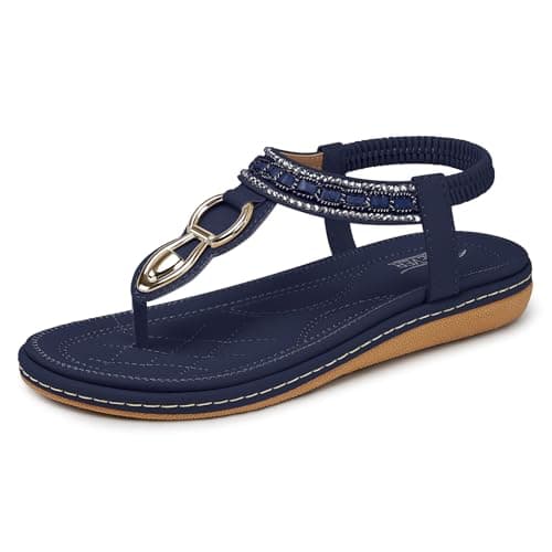 SHIBEVER Dressy Sandals for Women Comfortable: Summer Size 7 Navy Blue Walking Casual Flat - Comfort Ladies Thong Bohemian Women Sandal