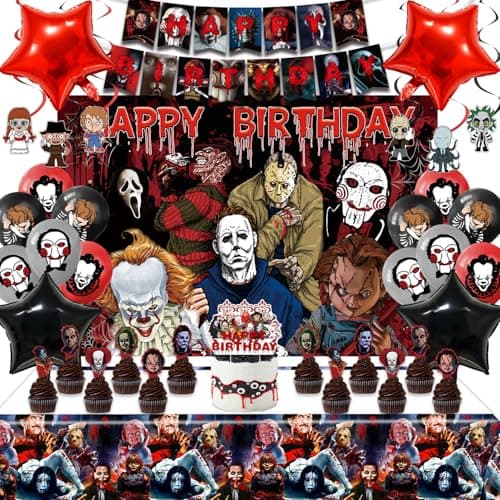 Classic Horror Movie Character Party Decorations KitHorror Birthday Supplies KitHalloween Birthday Party Decorations Include Banners Latex Balloons Sticker Cake Cupcake Toppers for Boy Girls Adult