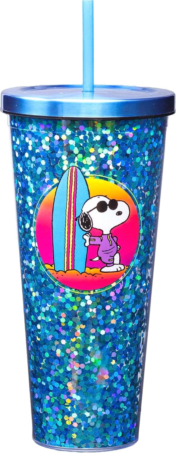 Spoontiques Large Snoopy Beach Glitter Cup Tumbler with Stainless Steel Lid and Straw 32 oz Acrylic