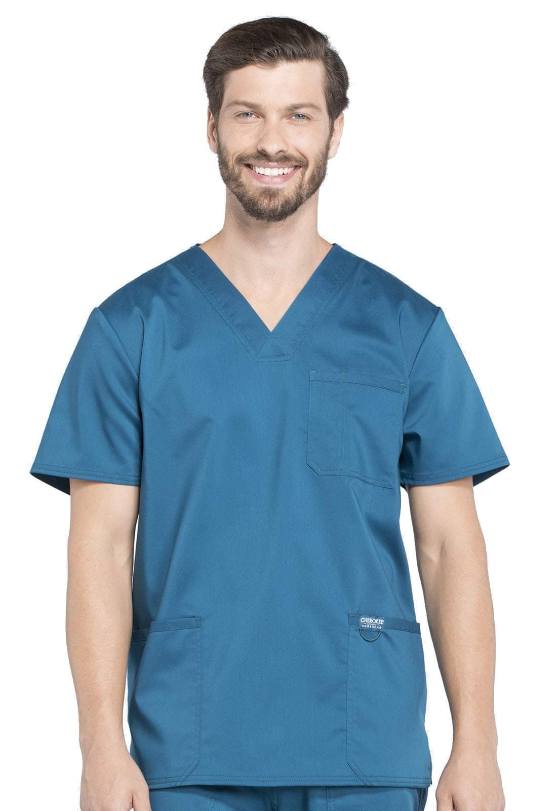 Cherokee Scrub top for Men V-Neck with 3 Pockets, Knit Details, Soft, Durable, Breathable, 2-Way Stretch Fabric - WW670, M, Caribbean Blue