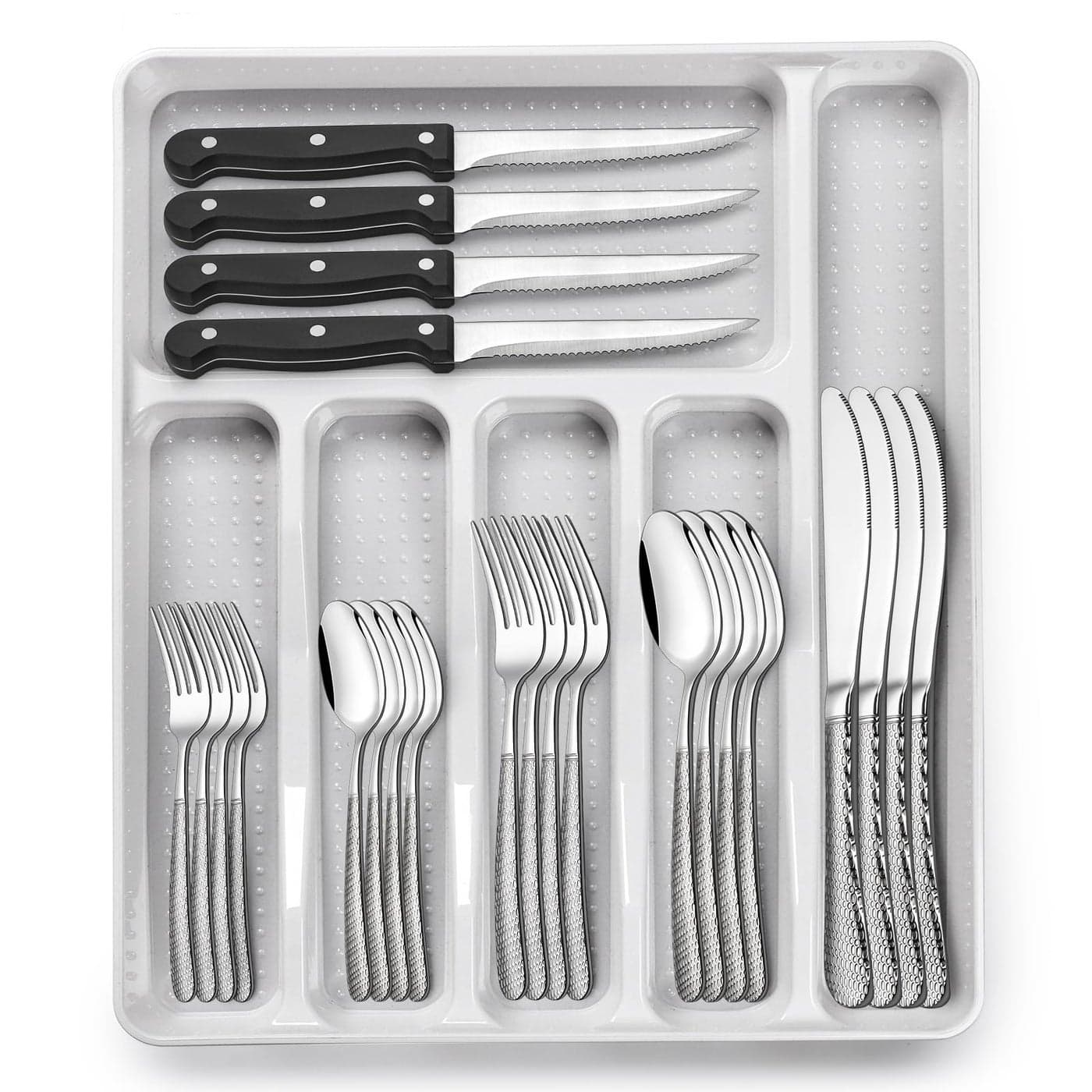 49Piece Hammered Silverware Set with Organizer Heavy Duty Stainless Steel Flatware for 8 Cutlery Utensil Sets with Steak Knives Rustproof Mirror Polished Dishwasher Safe