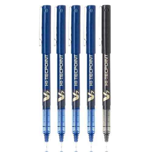 Pilot Hi-Tecpoint V7 0.7mm Fine Point Pure Liquid Ink Roller Ball Pen | Pack Of 5 (4 Blue + 1 Black)