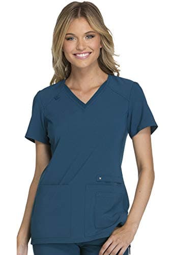 Cherokee Women's Iflex V-Neck Knit Panel Top, Caribbean Blue, XXS