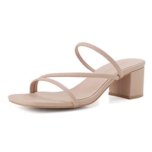 Shoe'N Tale Strappy Heels For Women Low Chunky Block Heel Heeled Sandals Square Open Toe Slip On Slides Mules(8,Nude)
