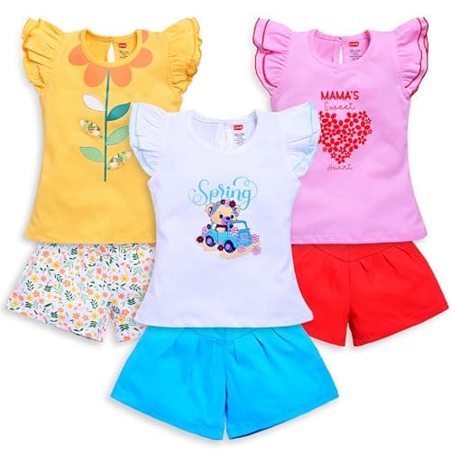 LuvLap Baby Girls Regular Fit 100% Cotton Half Sleeves Girls Top CoSets Pack Of 3, White, Baby Pink & Sunflower, L (6 to 12 Months)