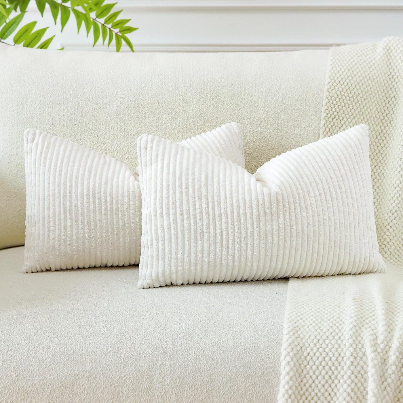 JOTOM Set of 2 Soft Corduroy Striped Cushion Covers 30x50 cm Boho Decorative Throw Pillow Covers Lumbar Cushion Case Couch Home Decor Pillowcases for Sofa Bedroom 12x20 Inch Beige White
