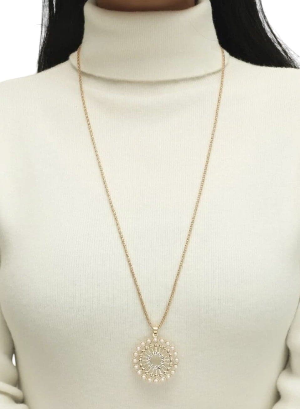 Necklace with Round Elements of Faux Pearl and Rhinestone Combination