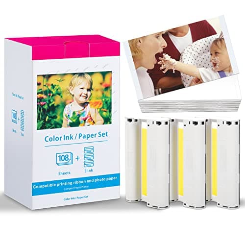 Replace Selphy CP1500 Ink and Paper Compatible Canon CP1300, CP1500, CP1200, CP910, CP1000, CP900, CP800, CP810 Paper and Ink KP-108IN Selphy Photo Paper Glossy 4 x 6, 108 Sheets, 3 Color Ink Cassette