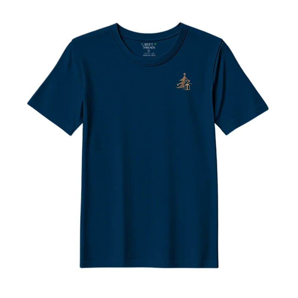 Threads Medium Navy Blue Polycotton T-Shirt - Christmas "Elegant Christmas Tree with Gift" Embroidered Design, Premium Holiday Collection