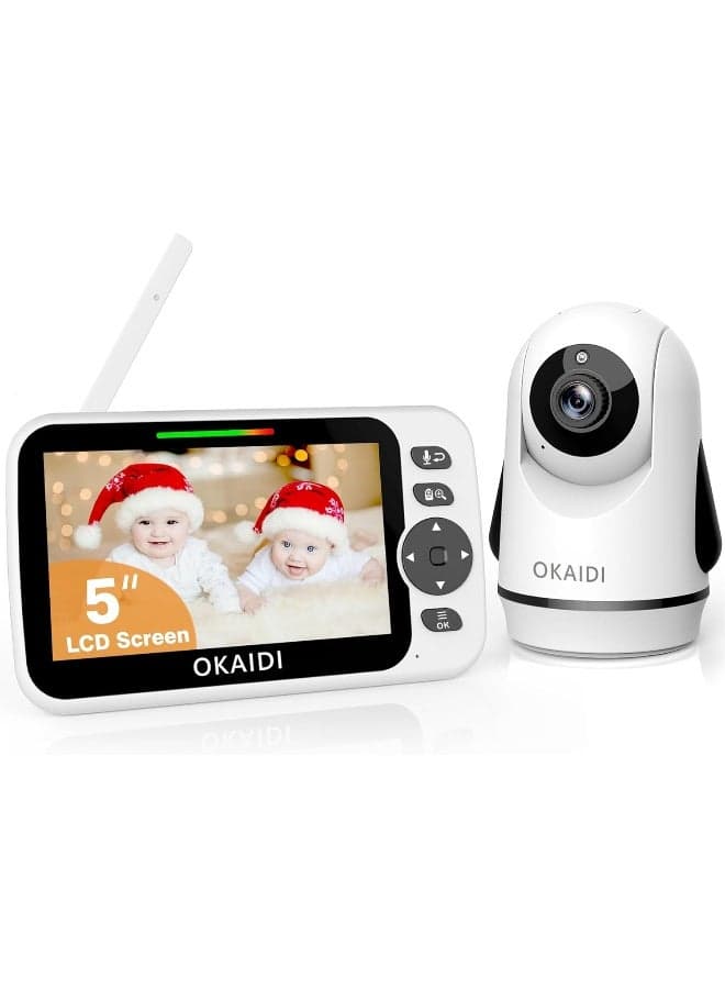 OKAIDI Video Baby Monitor with Camera and Audio, 5" Display Baby Monitor No WiFi, 30H Battery and 1000ft Range Baby Monitor, Remote Pan-Tilt-Zoom Baby Camera, Night Vision, 2-Way Talk, VOX, Temperature