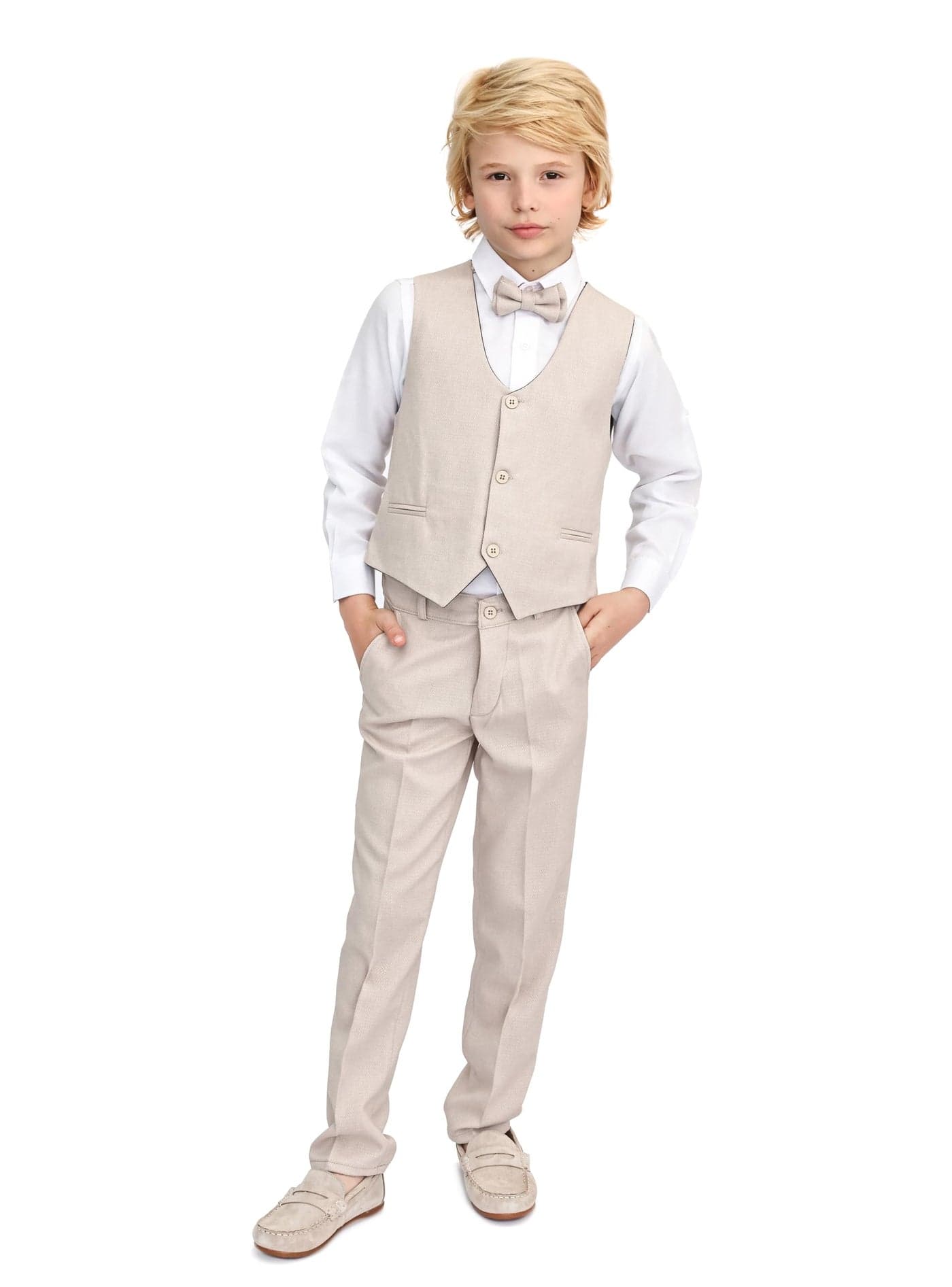 Lilax Boys Formal Suit 4 Piece Vest, Pants and Tie Dresswear Suit Set (3T, Beige)