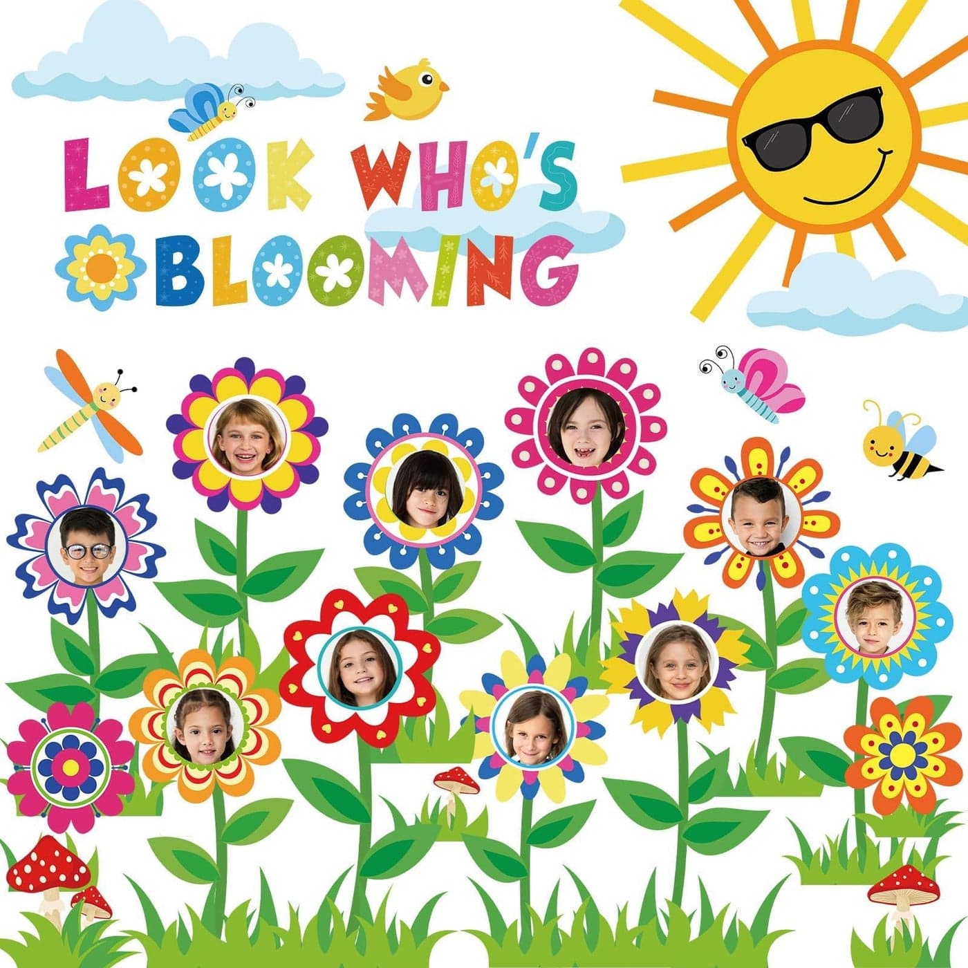88Pcs Spring Bloom Flower Bulletin Board Decorations Set Look Whos Blooming Classroom Decor Growth Mindset Photo Posting Craft Cutouts for School Offices Classroom Back to School Party Supplies