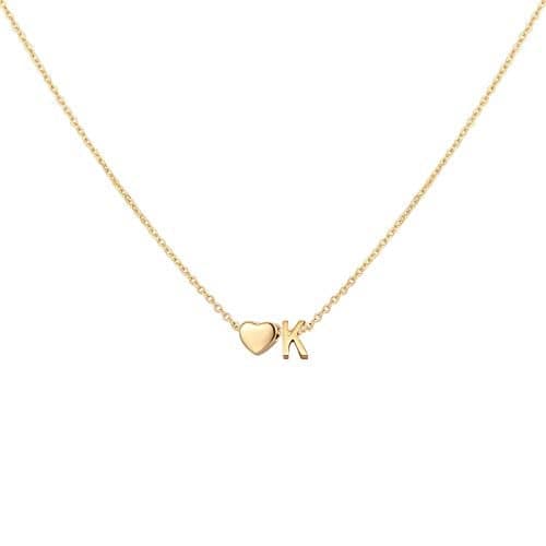 Glimmerst Initial Heart Necklace 18K Gold Plated Stainless Steel Tiny Heart Letter K Necklace Personalized Monogram Name Necklace for Women