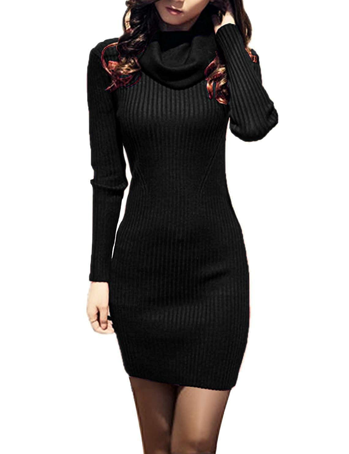 v28 Sweater Dress for Women Ribbed Knit Fitted midi Sexy Fall Winter Bodycon Cowl Neck Dresses (XL,Black)