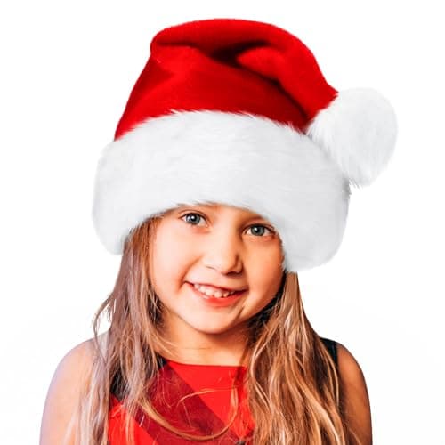 BOSONER Santa HatXmas Holiday Hat for KidsUnisex Velvet Comfort Christmas Hats Extra Thicken Classic Fur for Christmas New Year Festive Holiday Party Supplies