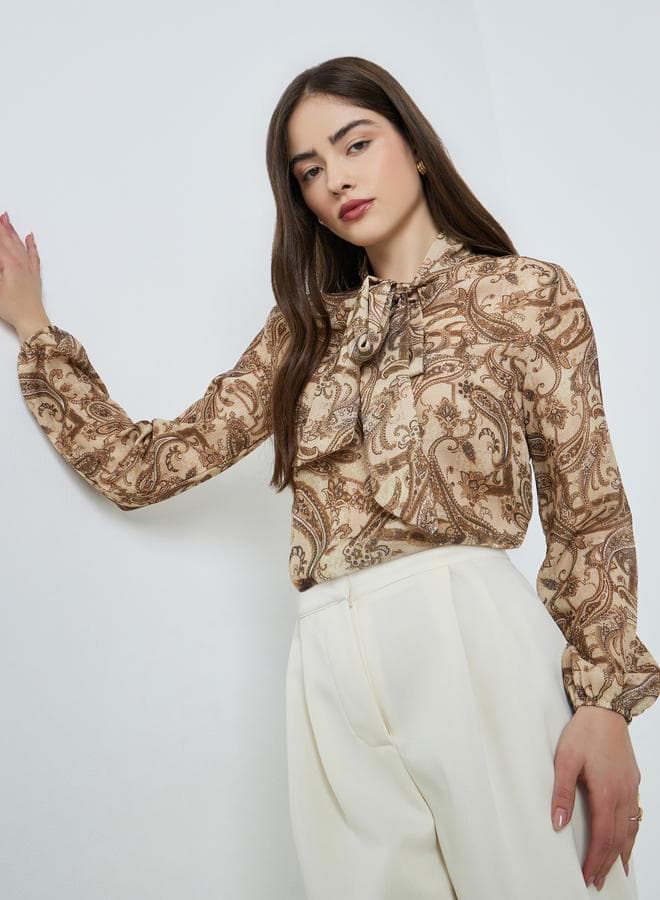 Brown Paisley Printed Regular Fit Blouse — S
