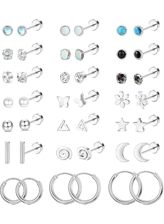 21 Pairs Small Stud Earrings for Women, Men Silver/Gold Plated Stud Earrings, 20G Flat Back Earrings, Screw Back Earrings Hoop Earrings for Cartilage Ears