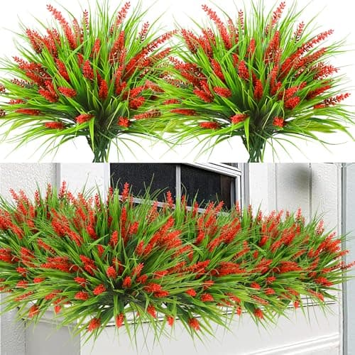Sggvecsy 12 Bundles Artificial Plants Outdoor Faux Lavender Flowers Fake Monkey Grass UV Resistant Plastic Greenery Plants for Garden Home Porch Window Patio Hanging Planter Indoor Decor Red